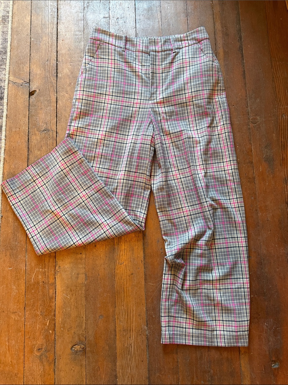 Plaid Straight-Leg Pants in Pink and Cream